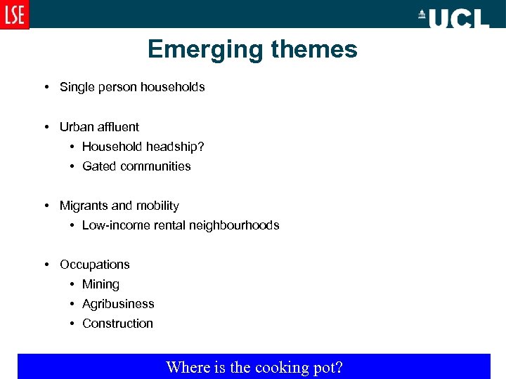Emerging themes • Single person households • Urban affluent • Household headship? • Gated