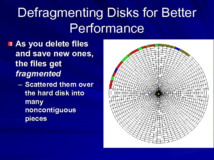 Defragmenting Disks for Better Performance As you delete files and save new ones, the