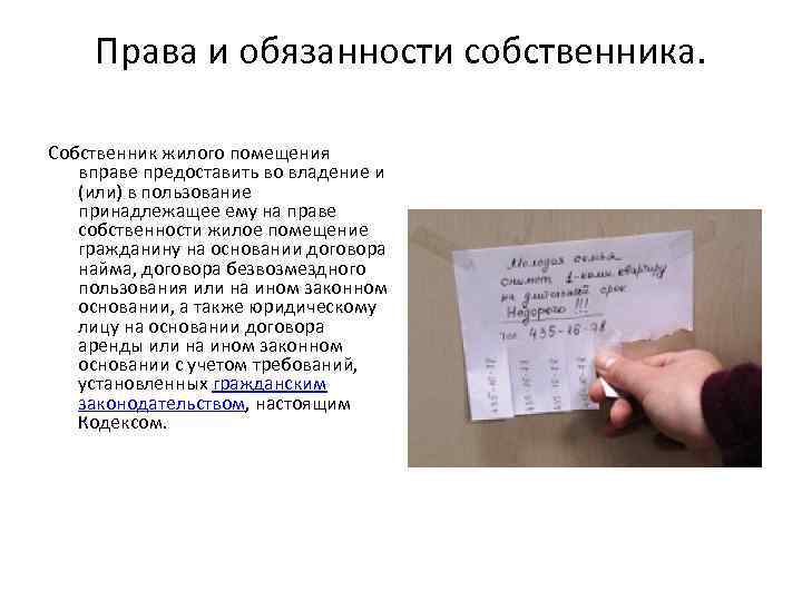 Права и обязанности собственника. Собственник жилого помещения вправе предоставить во владение и (или) в