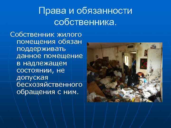 Права и обязанности собственника. Собственник жилого помещения обязан поддерживать данное помещение в надлежащем состоянии,