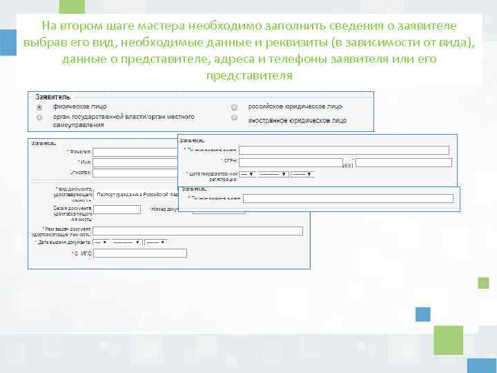 На втором шаге мастера необходимо заполнить сведения о заявителе выбрав его вид, необходимые данные