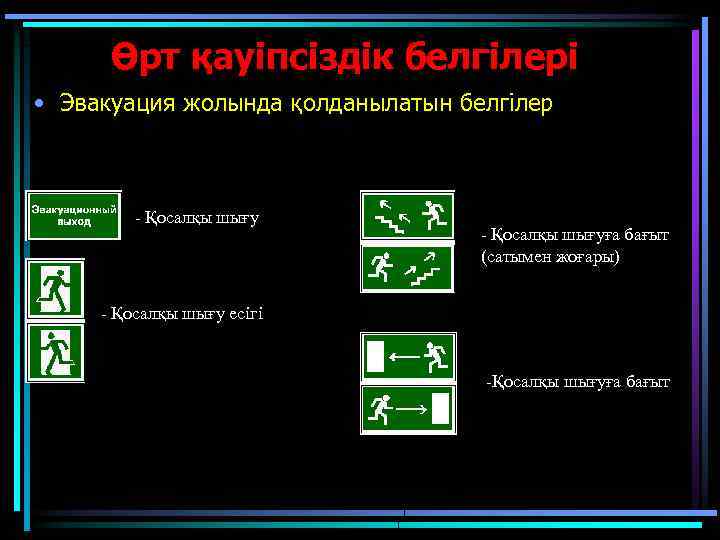 Өрт қауіпсіздік белгілері • Эвакуация жолында қолданылатын белгілер - Қосалқы шығуға бағыт (сатымен жоғары)