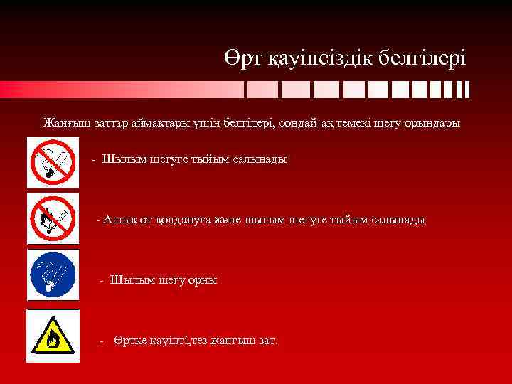 Өрт қауіпсіздік белгілері Жанғыш заттар аймақтары үшін белгілері, сондай-ақ темекі шегу орындары - Шылым