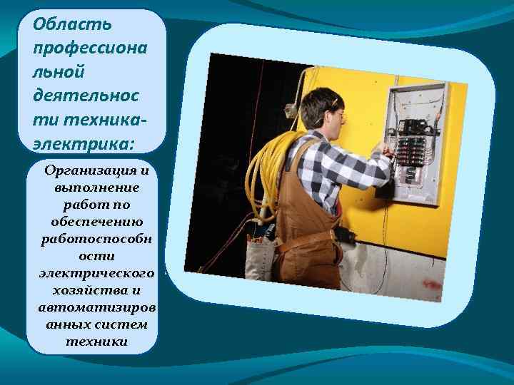 Область профессиона льной деятельнос ти техникаэлектрика: Организация и выполнение работ по обеспечению работоспособн ости