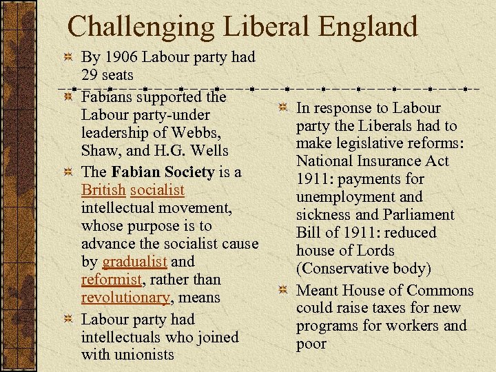 Challenging Liberal England By 1906 Labour party had 29 seats Fabians supported the Labour