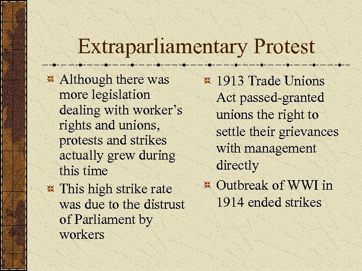 Extraparliamentary Protest Although there was more legislation dealing with worker’s rights and unions, protests