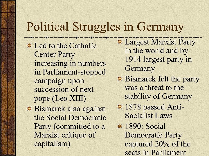 Political Struggles in Germany Led to the Catholic Center Party increasing in numbers in