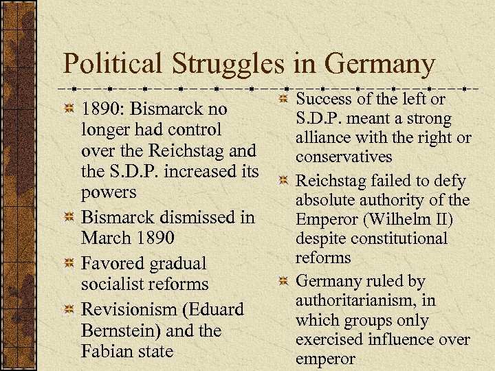 Political Struggles in Germany 1890: Bismarck no longer had control over the Reichstag and