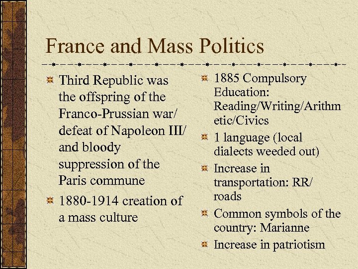 France and Mass Politics Third Republic was the offspring of the Franco-Prussian war/ defeat
