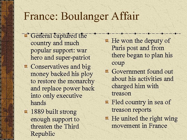 France: Boulanger Affair General captured the country and much popular support: war hero and