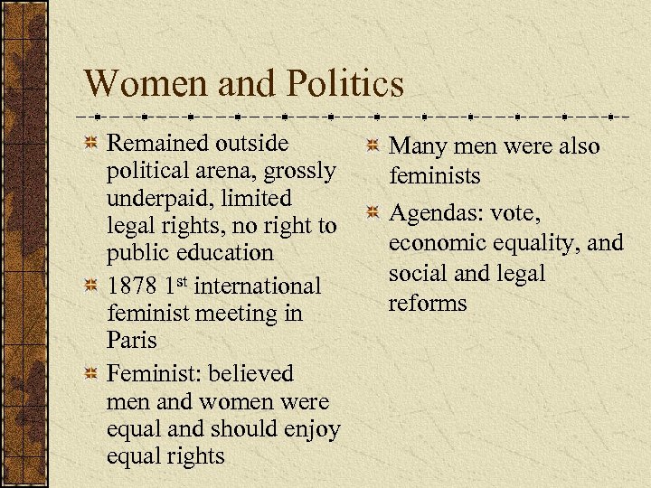 Women and Politics Remained outside political arena, grossly underpaid, limited legal rights, no right