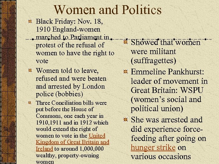 Women and Politics Black Friday: Nov. 18, 1910 England-women marched to Parliament in protest