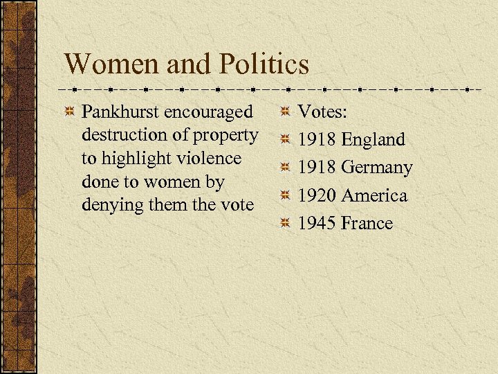 Women and Politics Pankhurst encouraged destruction of property to highlight violence done to women