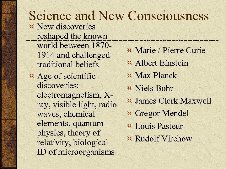 Science and New Consciousness New discoveries reshaped the known world between 18701914 and challenged