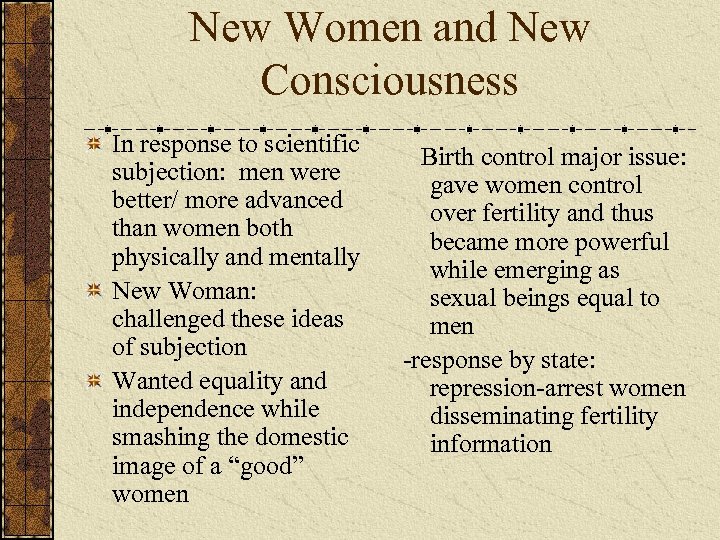 New Women and New Consciousness In response to scientific subjection: men were better/ more