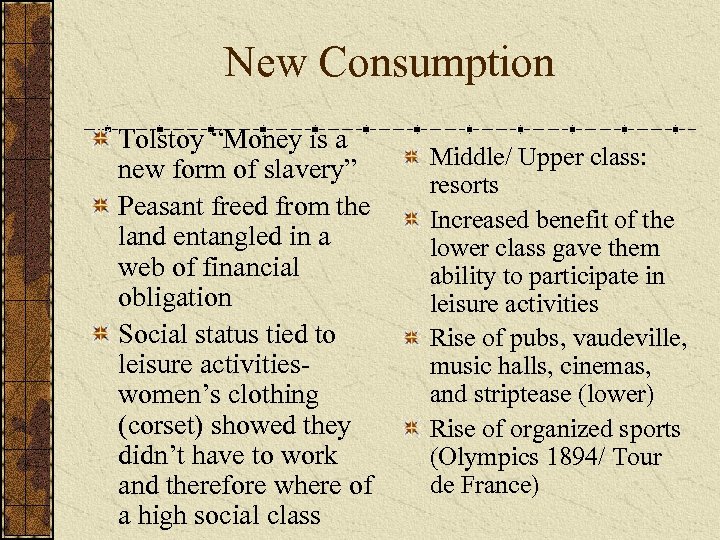 New Consumption Tolstoy “Money is a new form of slavery” Peasant freed from the