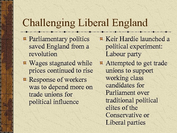 Challenging Liberal England Parliamentary politics saved England from a revolution Wages stagnated while prices