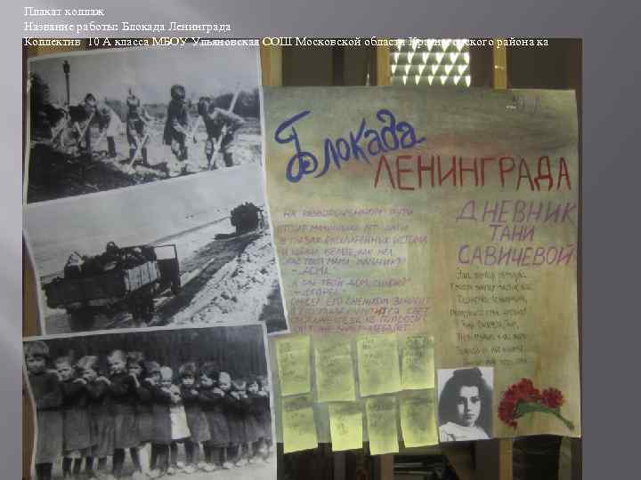 Плакат коллаж Название работы: Блокада Ленинграда Коллектив 10 А класса МБОУ Ульяновская СОШ Московской