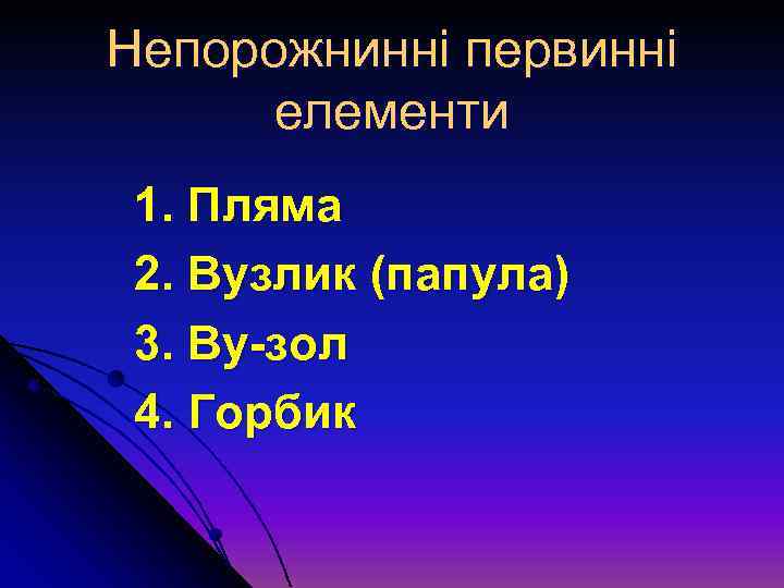 Непорожнинні первинні елементи 1. Пляма 2. Вузлик (папула) 3. Ву зол 4. Горбик 