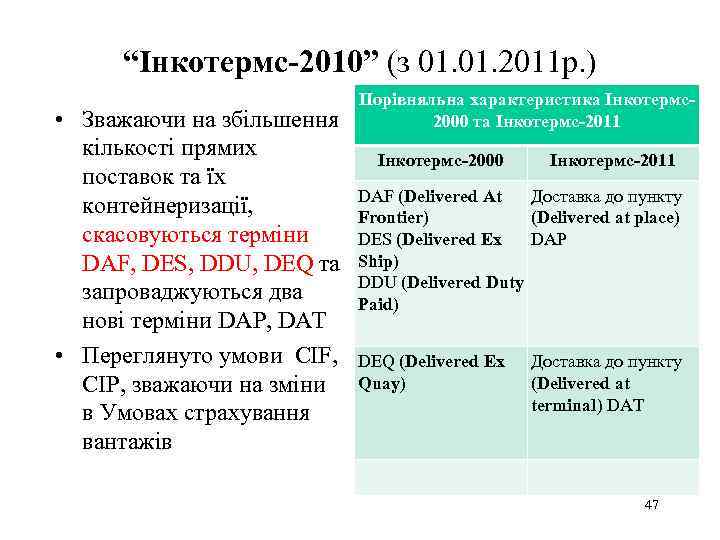 “Інкотермс-2010” (з 01. 2011 р. ) • Зважаючи на збільшення кількості прямих поставок та