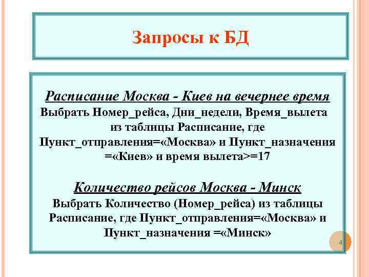 Запросы к БД Расписание Москва - Киев на вечернее время Выбрать Номер_рейса, Дни_недели, Время_вылета