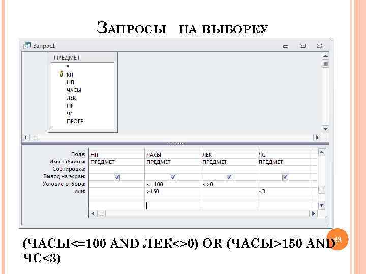 ЗАПРОСЫ НА ВЫБОРКУ (ЧАСЫ<=100 AND ЛЕК<>0) OR (ЧАСЫ>150 AND 49 ЧС<3) 
