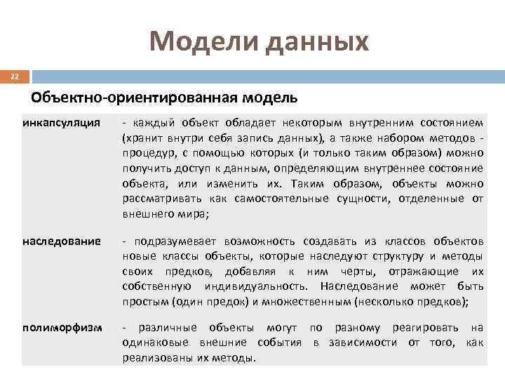 Модели данных 22 Объектно-ориентированная модель инкапсуляция - каждый объект обладает некоторым внутренним состоянием (хранит
