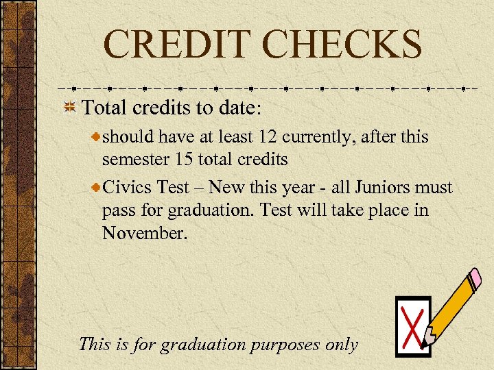 CREDIT CHECKS Total credits to date: should have at least 12 currently, after this