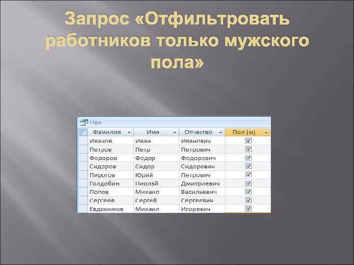 Запрос «Отфильтровать работников только мужского пола» 