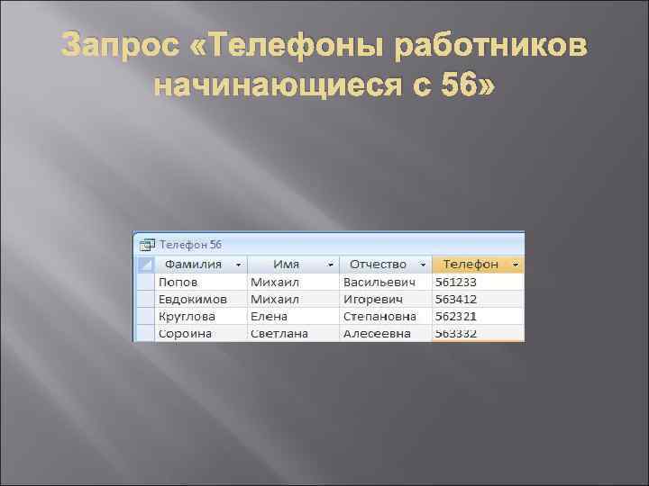 Запрос «Телефоны работников начинающиеся с 56» 