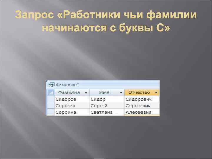 Запрос «Работники чьи фамилии начинаются с буквы С» 