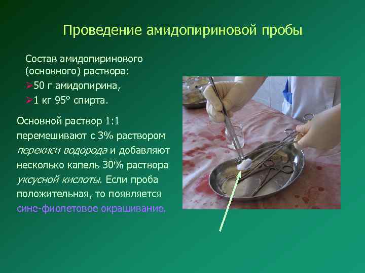 Проведение амидопириновой пробы Состав амидопиринового (основного) раствора: Ø 50 г амидопирина, Ø 1 кг