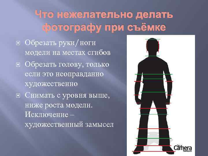 Что нежелательно делать фотографу при съёмке Обрезать руки/ноги модели на местах сгибов Обрезать голову,