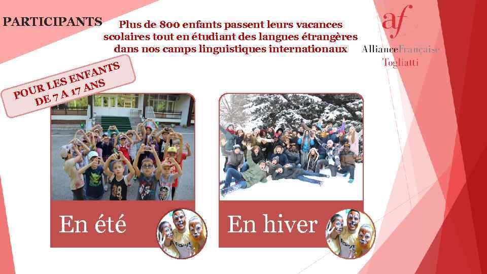 PARTICIPANTS Plus de 800 enfants passent leurs vacances scolaires tout en étudiant des langues