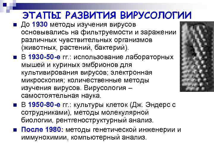 ЭТАПЫ РАЗВИТИЯ ВИРУСОЛОГИИ n n До 1930 методы изучения вирусов основывались на фильтруемости и