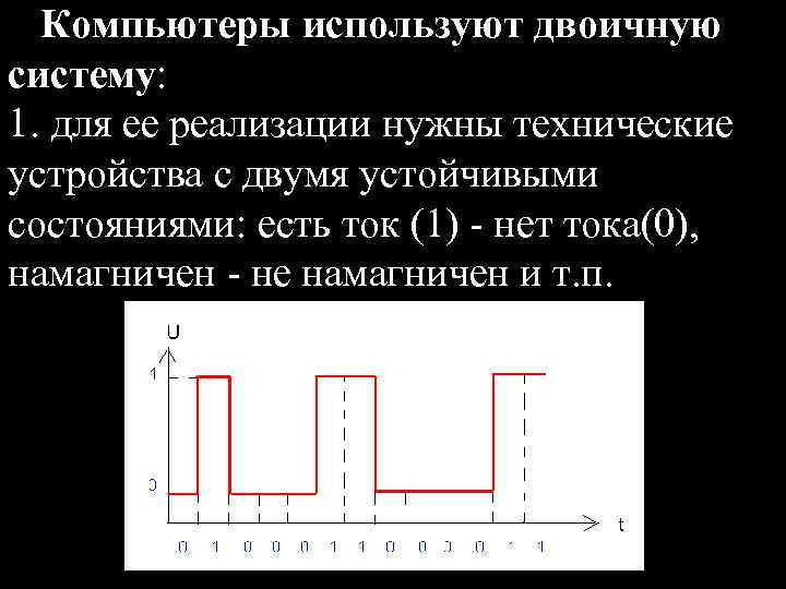 Компьютеры используют двоичную систему: 1. для ее реализации нужны технические устройства с двумя устойчивыми
