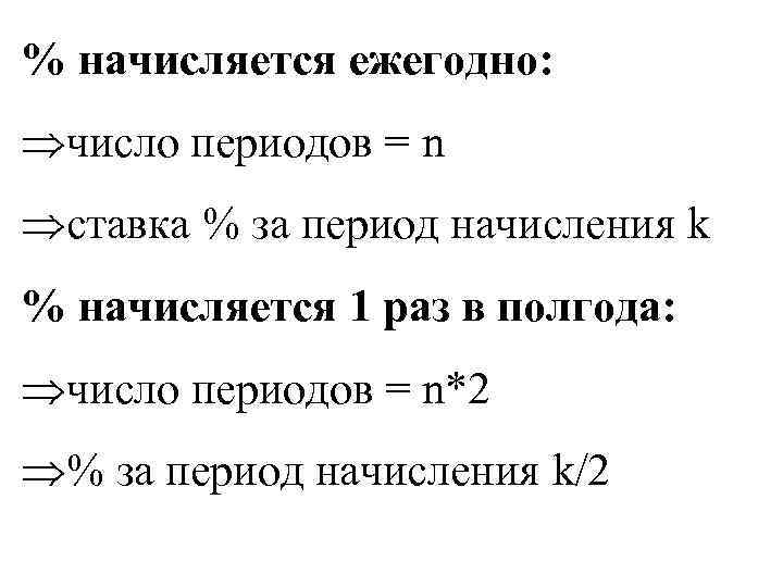 % начисляется ежегодно: число периодов = n ставка % за период начисления k %