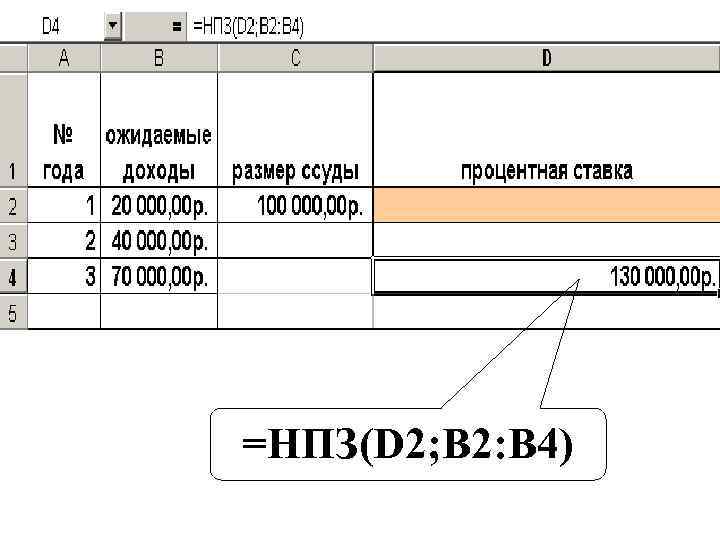 =НПЗ(D 2; B 2: B 4) 