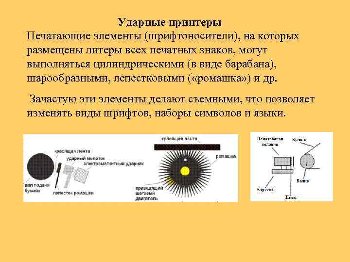 Ударные принтеры Печатающие элементы (шрифтоносители), на которых размещены литеры всех печатных знаков, могут выполняться