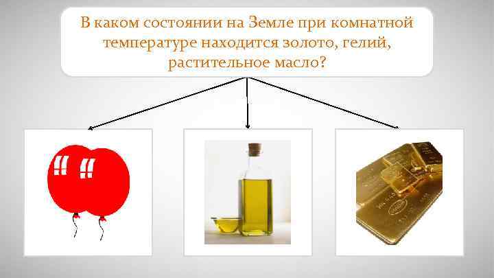 В каком состоянии на Земле при комнатной температуре находится золото, гелий, растительное масло? 