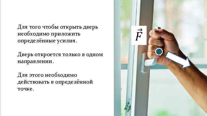 Для того чтобы открыть дверь необходимо приложить определённые усилия. Дверь откроется только в одном