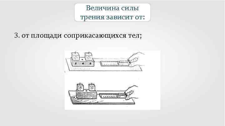 Величина силы трения зависит от: 3. от площади соприкасающихся тел; 