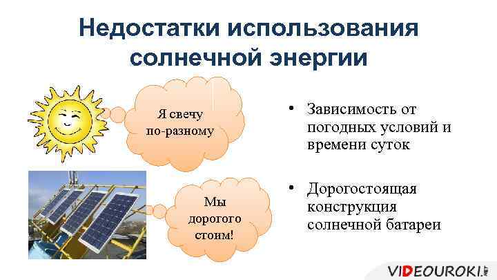 Недостатки использования солнечной энергии Я свечу по-разному Мы дорогого стоим! • Зависимость от погодных