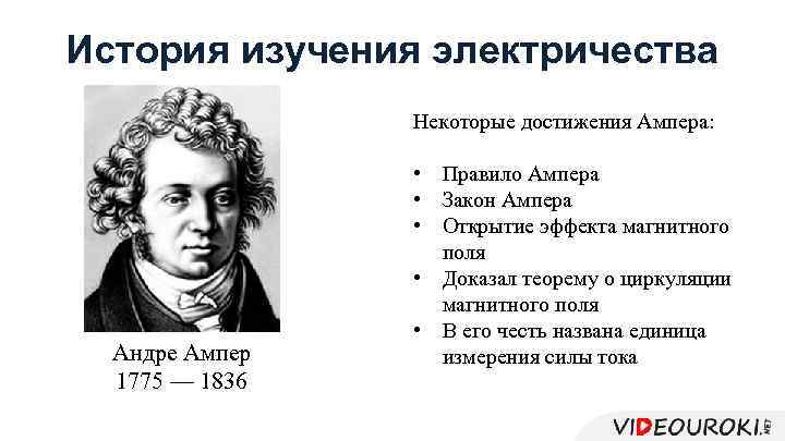 История изучения электричества Некоторые достижения Ампера: Андре Ампер 1775 — 1836 • Правило Ампера