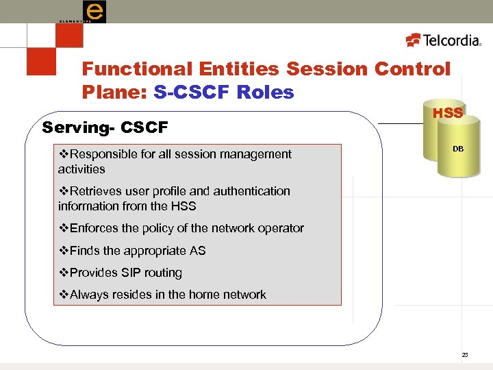 Functional Entities Session Control Plane: S-CSCF Roles Serving- CSCF v. Responsible for all session