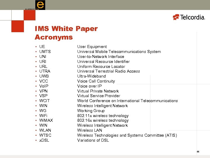IMS White Paper Acronyms § § § § § UE UMTS UNI URL UTRA