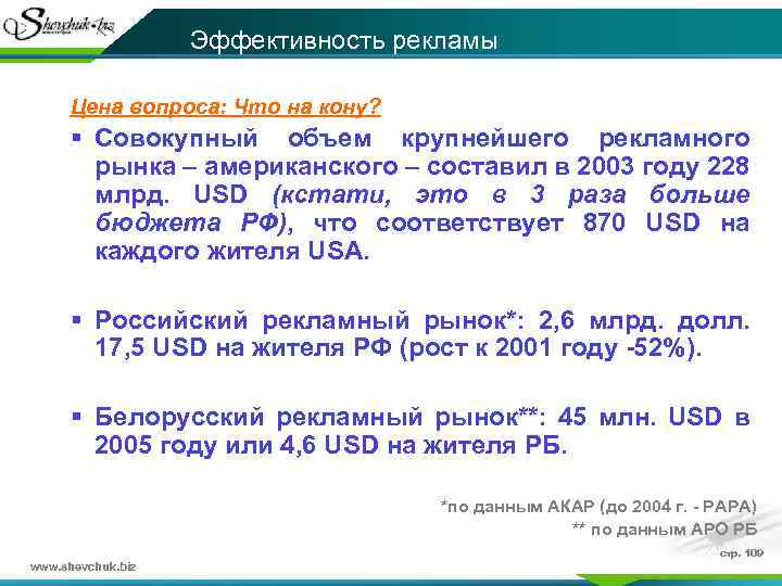 Эффективность рекламы Цена вопроса: Что на кону? § Совокупный объем крупнейшего рекламного рынка –
