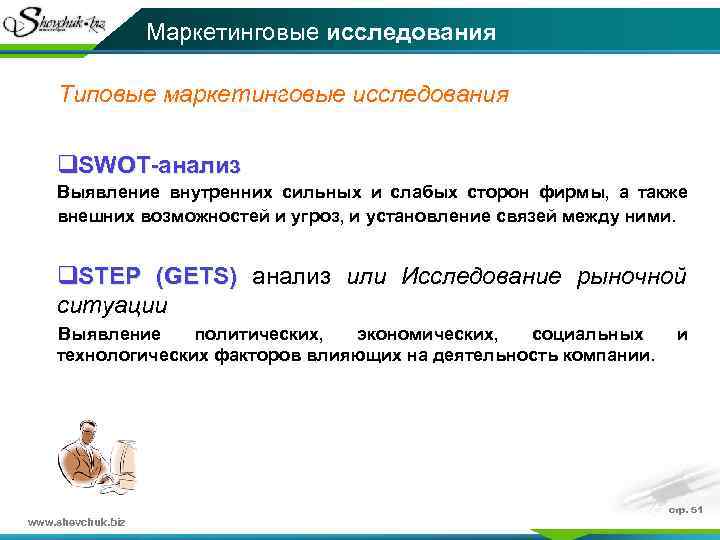 Маркетинговые исследования Типовые маркетинговые исследования q. SWOT-анализ Выявление внутренних сильных и слабых сторон фирмы,