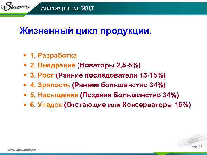 Анализ рынка: ЖЦТ Жизненный цикл продукции. § § § 1. Разработка 2. Внедрение (Новаторы