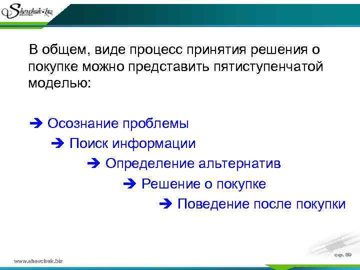 В общем, виде процесс принятия решения о покупке можно представить пятиступенчатой моделью: Осознание проблемы